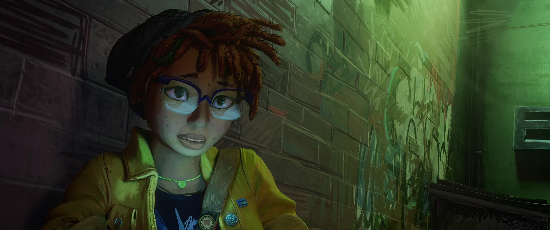 April in a yellow jacket and glasses presses against a mossy green alley wall at night, lit by ambient green light.