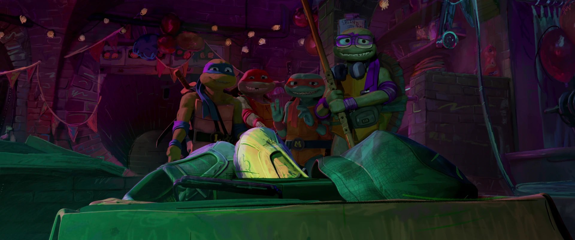 All four Turtles lean over a glowing green object in a purple-lit sewer lair, faces alert and curious.