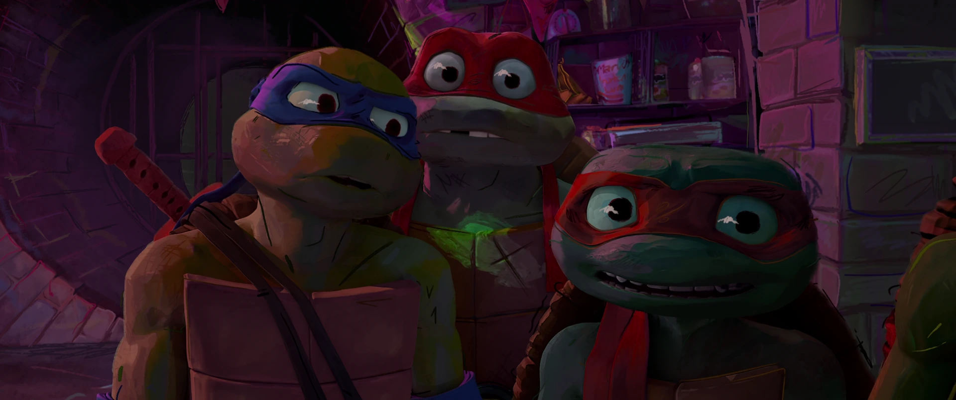 Leo, Raph and Mikey crowd together grinning and wide-eyed in warm purple sewer light, looking off-frame.