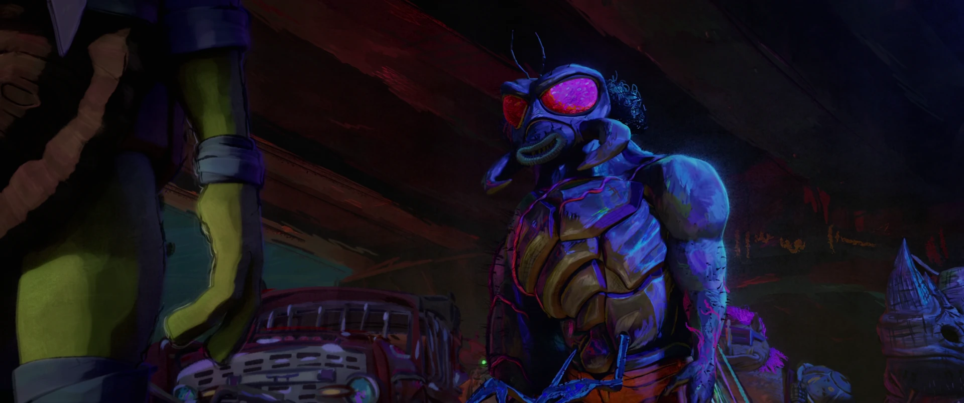 Superfly looms in close-up with glowing red compound eyes and a muscular torso in vivid neon-lit darkness.