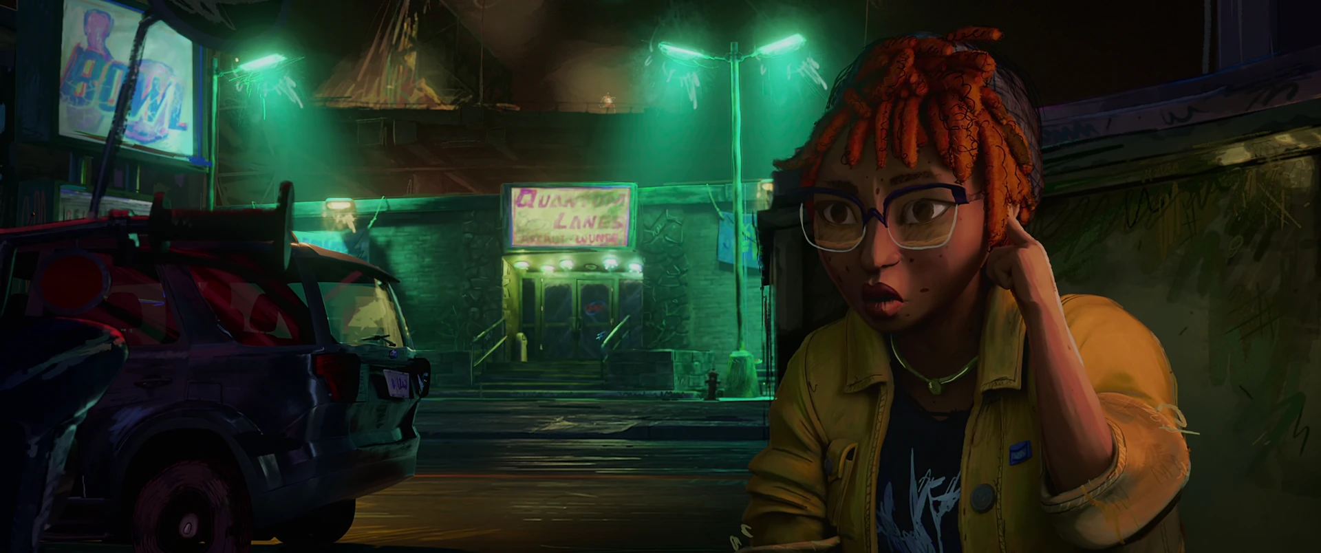 April, glasses and yellow jacket, looks wide-eyed with concern on a rainy neon-green-lit city street at night.