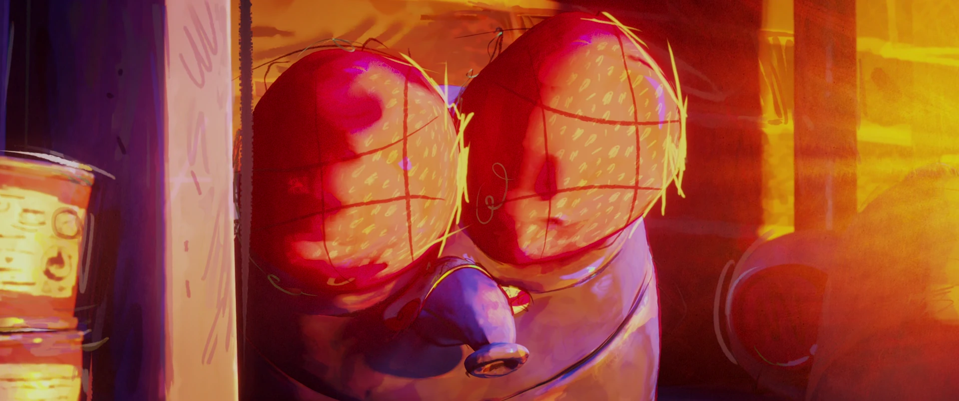 Extreme close-up on Superfly’s two enormous red compound eyes glowing warmly in amber firelit tones.