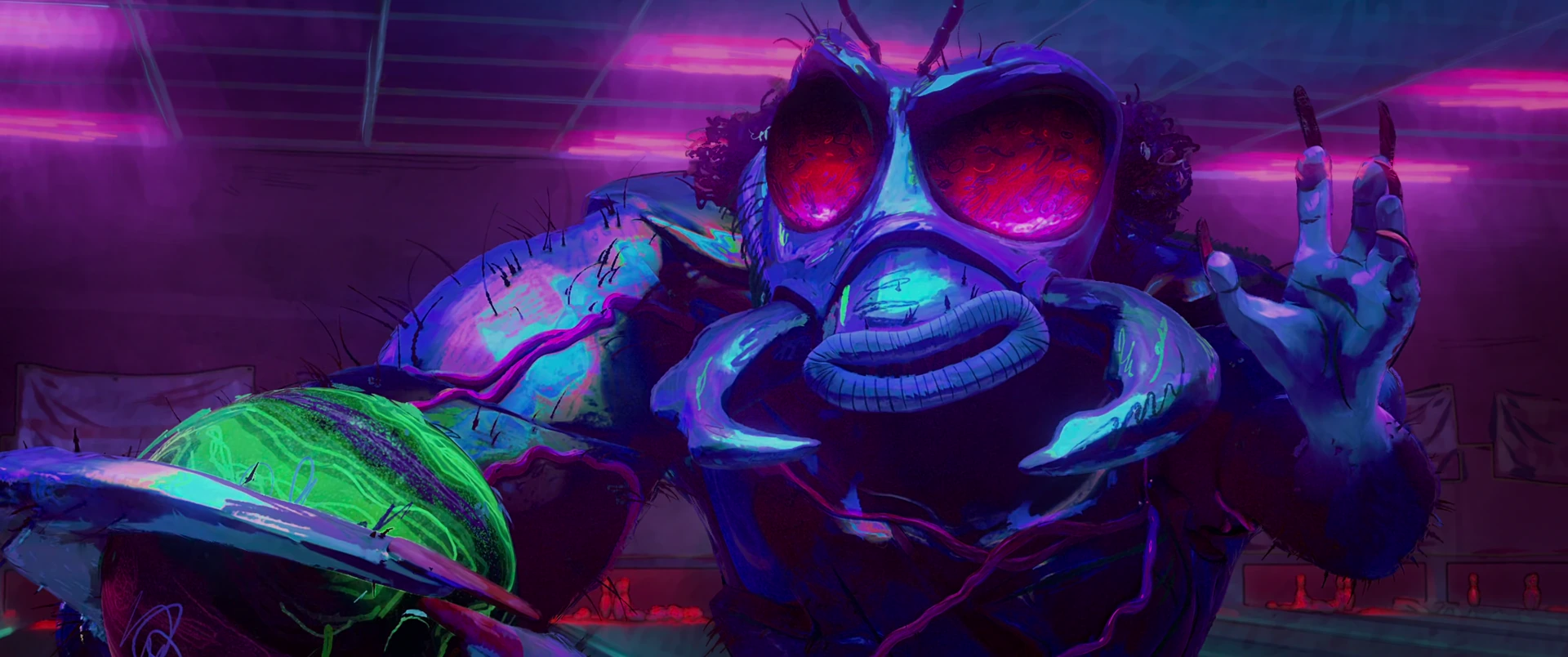Superfly looms in extreme close-up, compound red eyes blazing and hands raised in a commanding gesture against electric blue light.