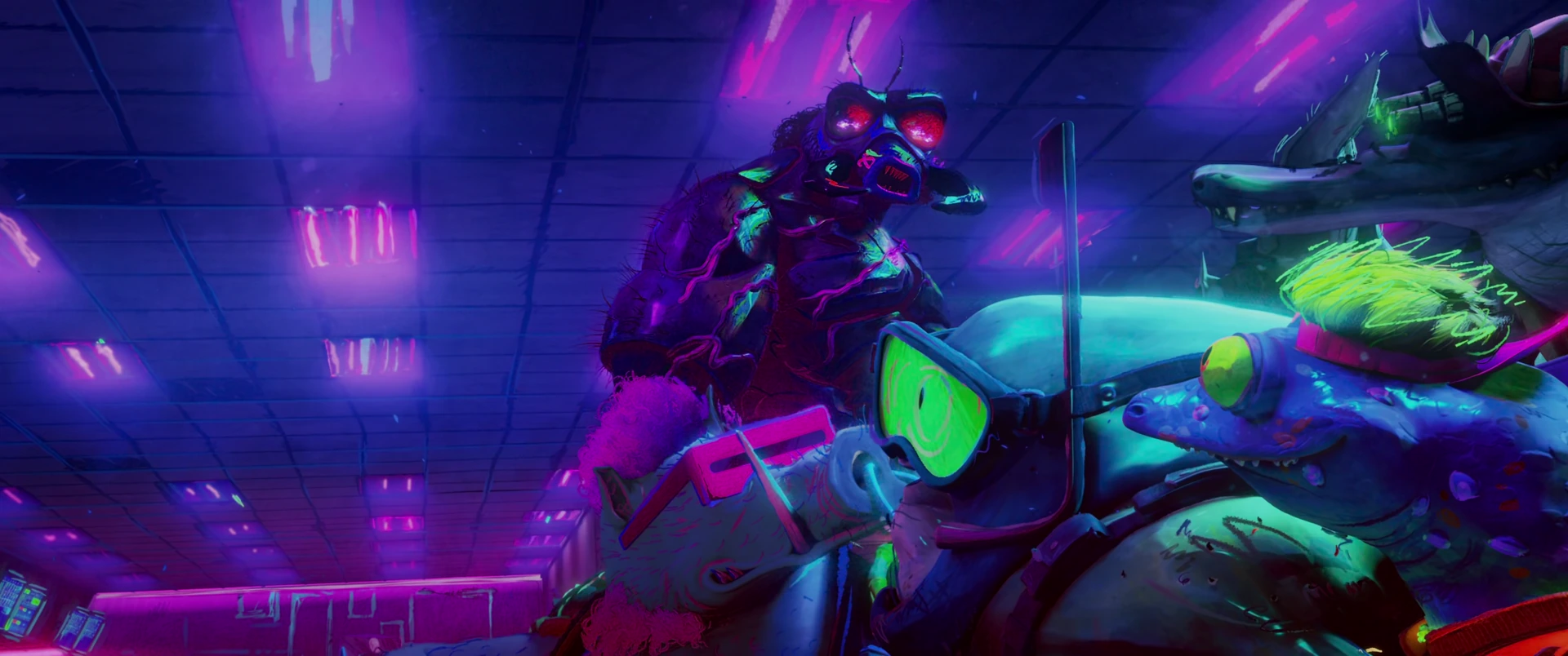 Superfly rides atop Mondo Gecko in a dynamic lunge, both bathed in vivid purple neon inside the hideout.