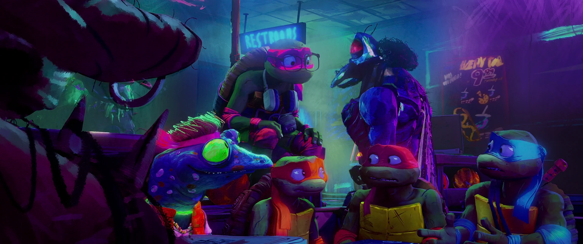 Superfly addresses a mixed group of mutants and Turtles clustered in the neon-drenched hideout.