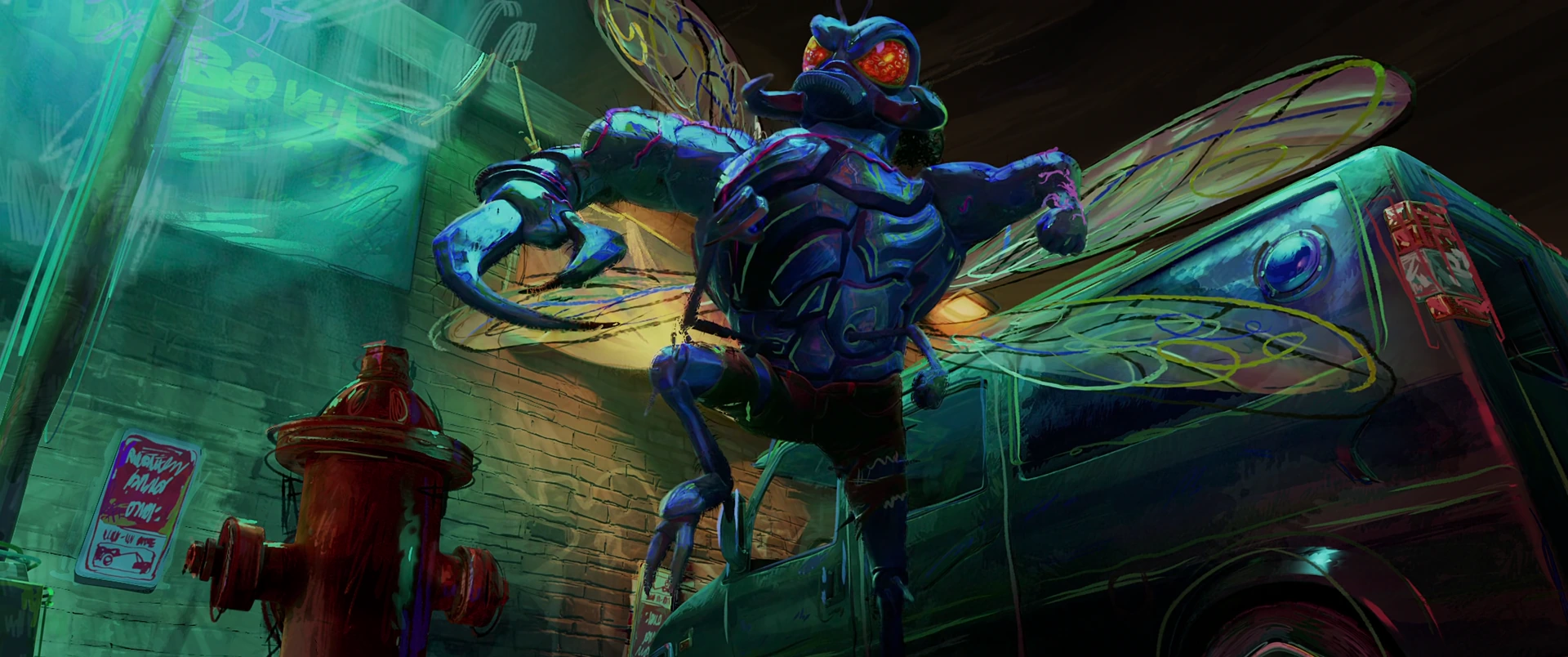 Superfly looms atop a van with wings spread and red eyes blazing in teal-lit street darkness.