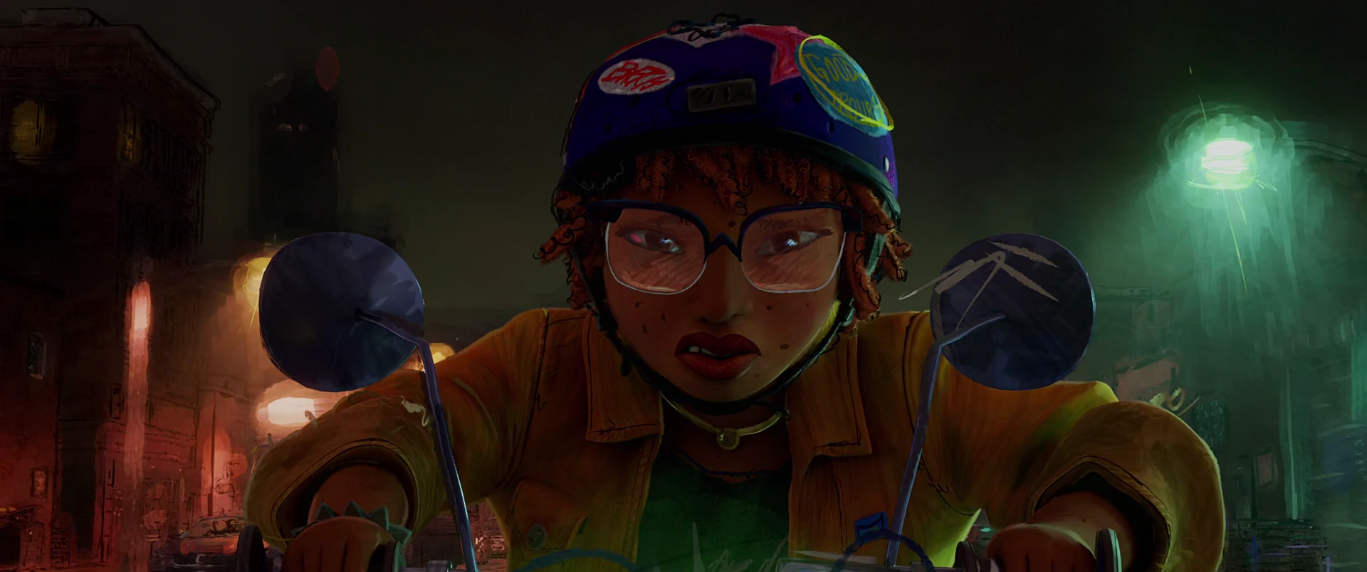 April grips handlebars wide-eyed in a blue helmet with goggles, caught in neon streetlight against a moody backdrop.