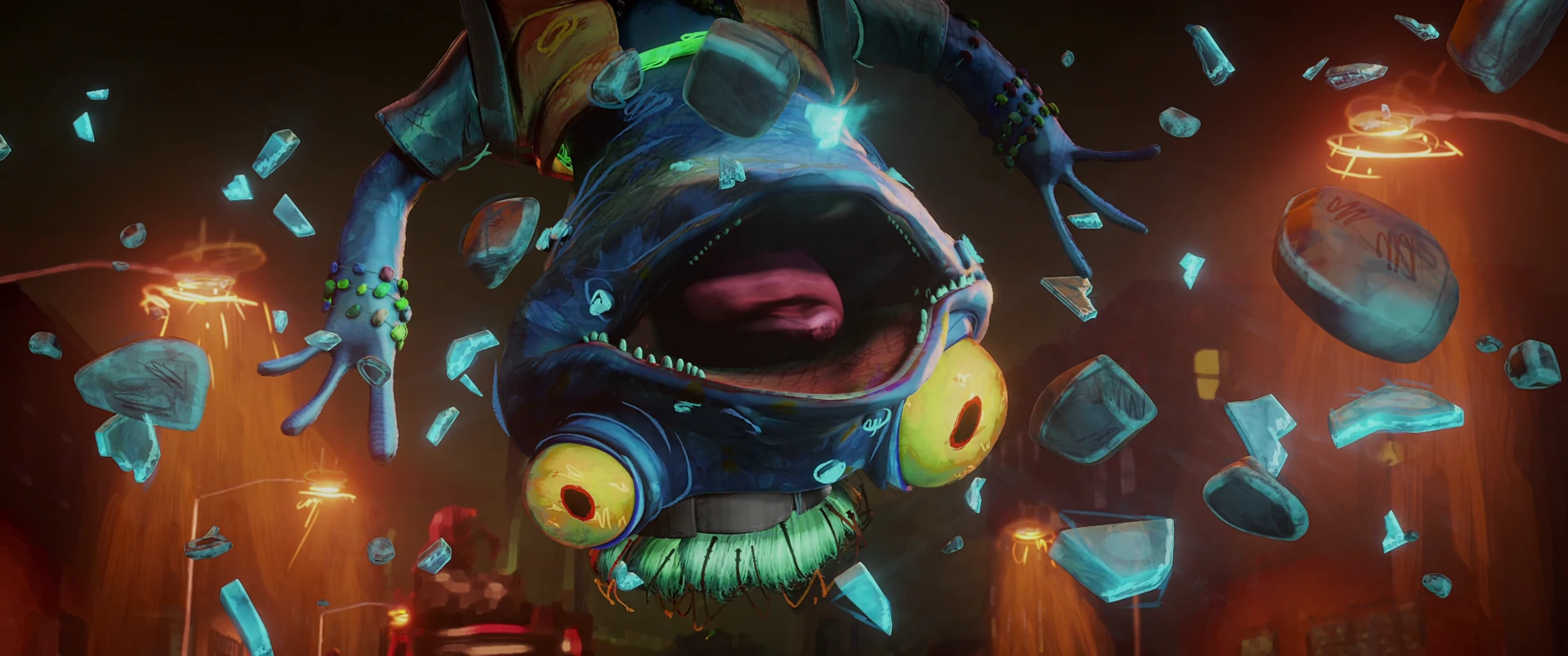 Ray Fillet’s gaping jaws lunge toward camera surrounded by an explosion of blue debris and neon shards.