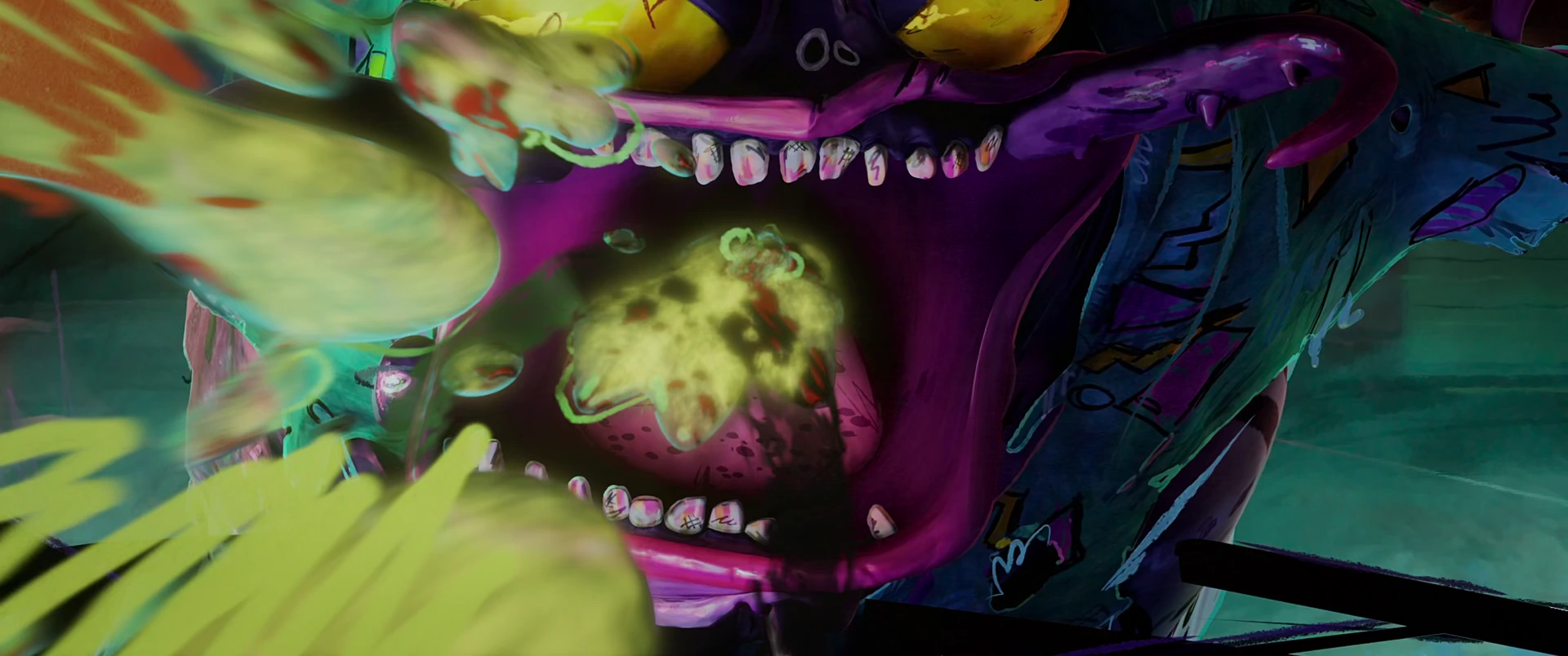 Two mutants collide face to face in extreme close-up, jaws wide and teeth clashing in neon light.