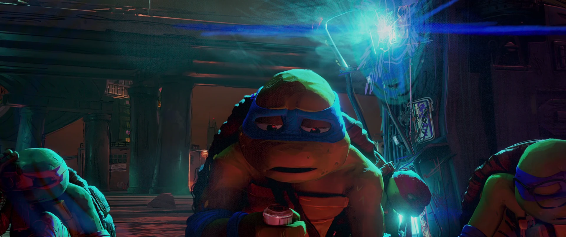 Leonardo stands alert in close-up as blue electricity crackles behind him with Raphael and Michelangelo at his sides.