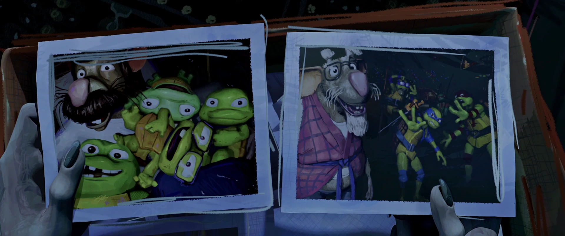 Clawed hands hold two photos: Splinter posed with the four Turtles, and Splinter mid-combat with TCRI guards.