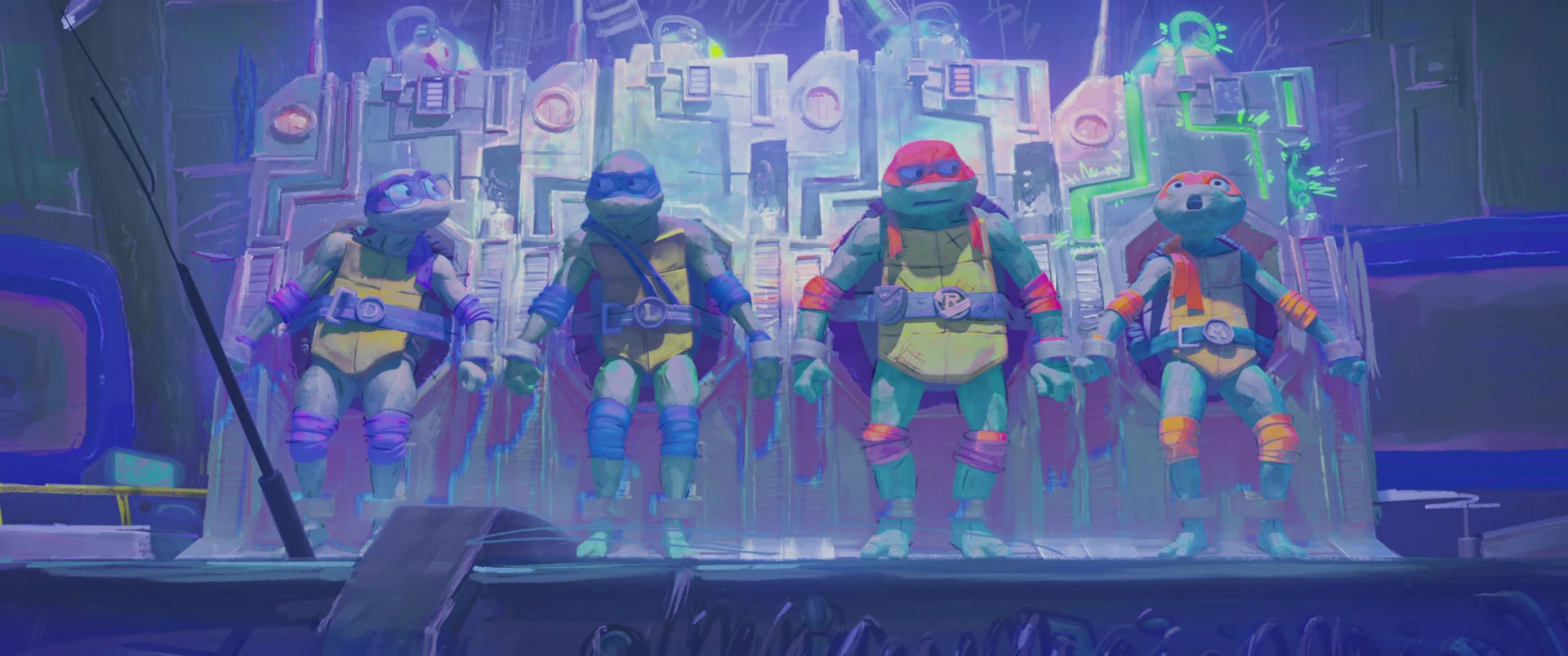 All four Turtles stand restrained side by side on the glowing blue extraction rig inside the sterile TCRI facility.