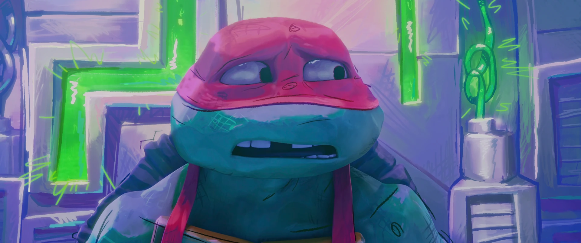 Close-up of Raph looking distressed and indignant, neon green TCRI equipment glowing behind him.