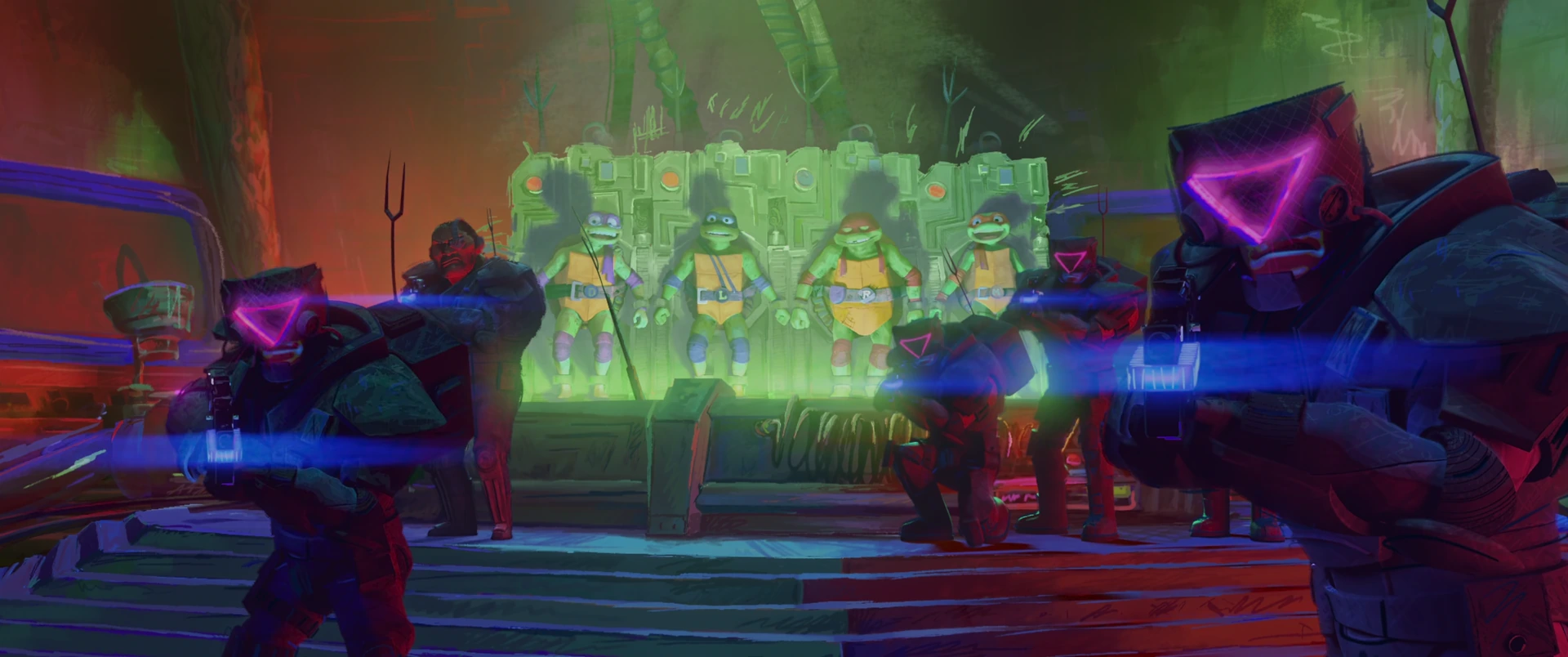 All four Turtles are pinned in the glowing green TCRI milking rig as armed helmeted guards aim weapons at them.