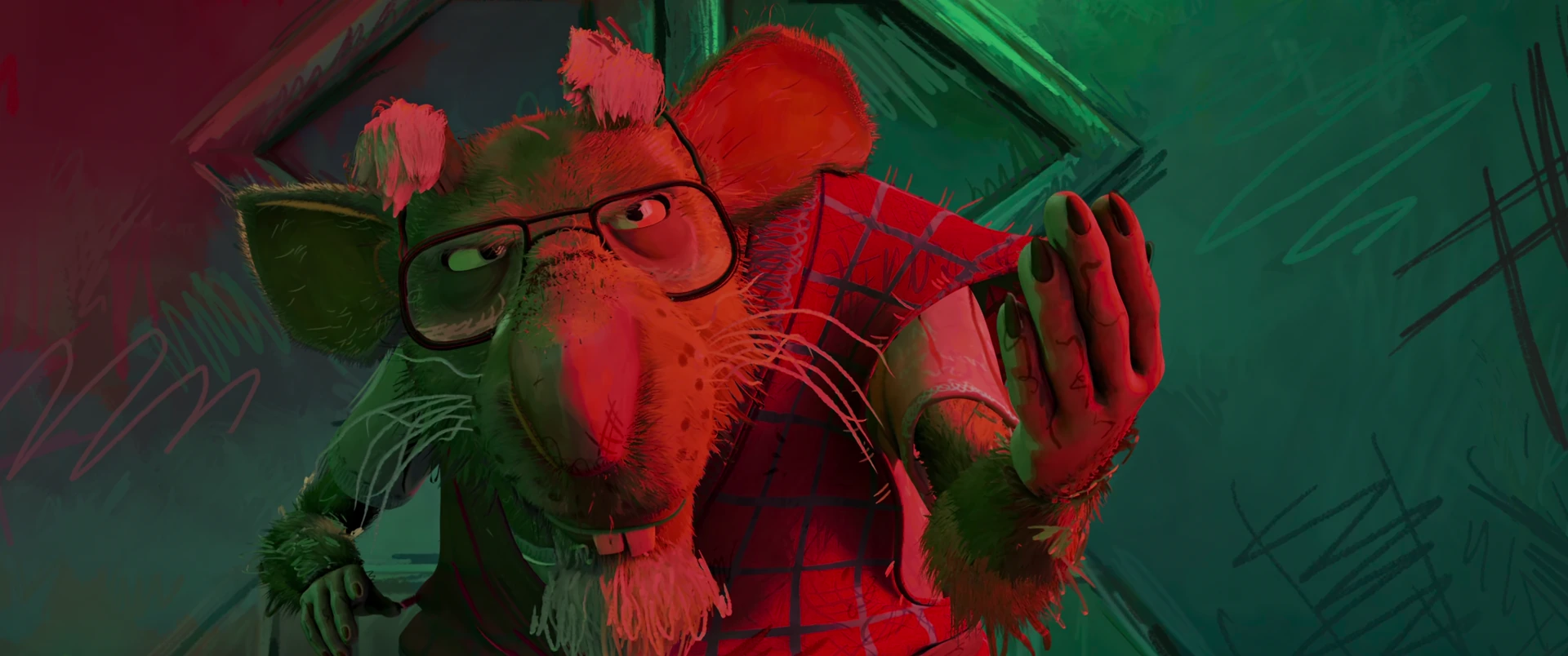 Splinter in his plaid robe snarls with raised clawed hand, caught mid-confrontation in a red-drenched TCRI corridor.