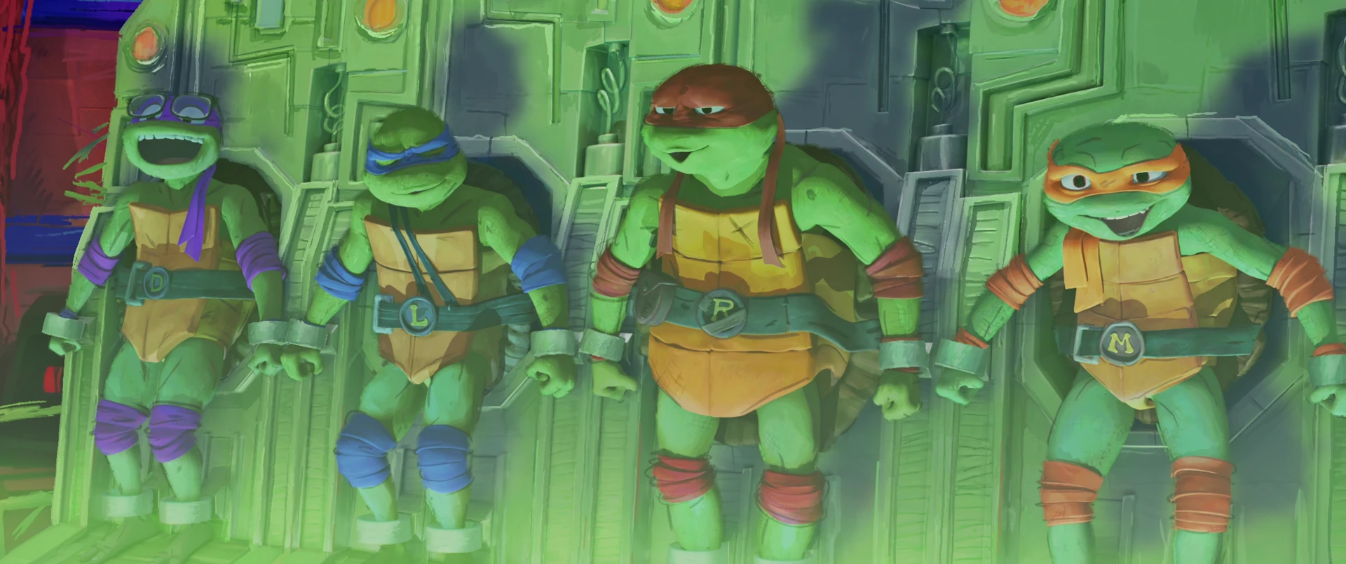All four Turtles burst free and sprint through a hatch in the TCRI facility, bathed in green escape lighting.