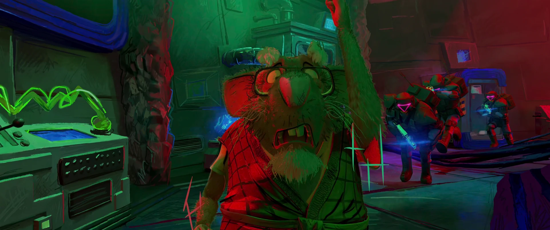 Splinter spins in a red-drenched TCRI corridor, wide-eyed mid-fight as a guard attacks in the background.