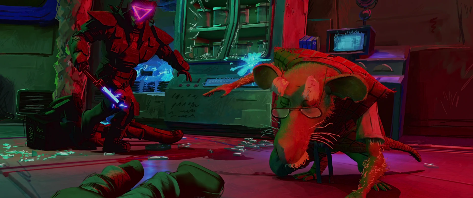Splinter drops to one knee and grabs a TCRI guard’s glowing blue weapon in a desperate close grapple on the floor.