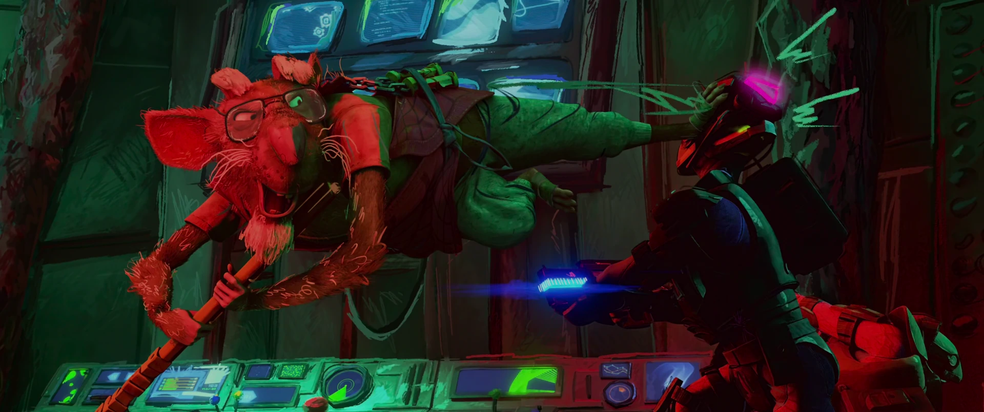 Splinter launches a flying kick into a TCRI guard, both airborne with a blue energy baton at the point of impact.