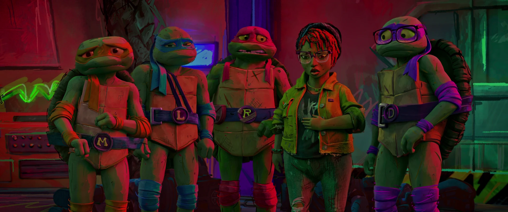 The four Turtles and April stand in a tense row, listening with serious expressions under red neon.
