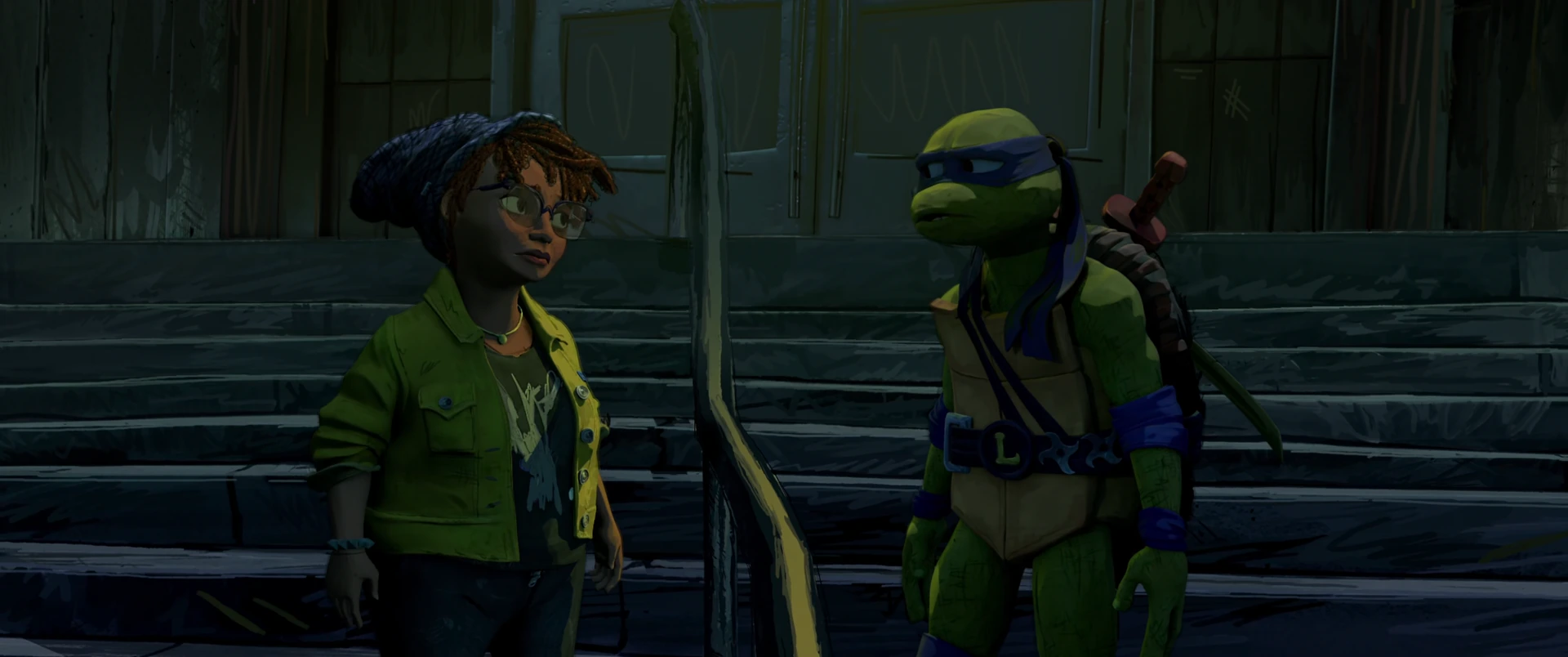 April and Leo stand side by side on concrete steps in cool blue-green light, talking quietly together.
