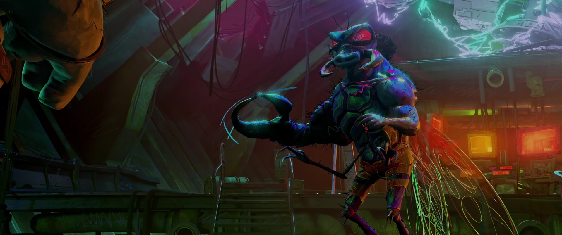 Superfly stands in the neon-lit hideout with one limb raised as purple lightning crackles behind him.