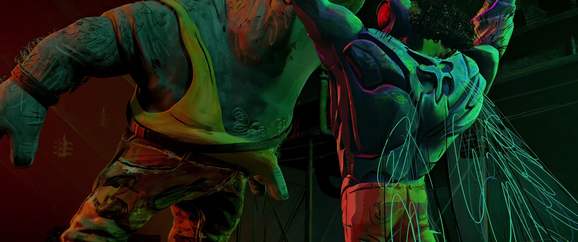 A massive mutant seizes a smaller fighter by the head with both hands as green energy sparks burst from the impact.