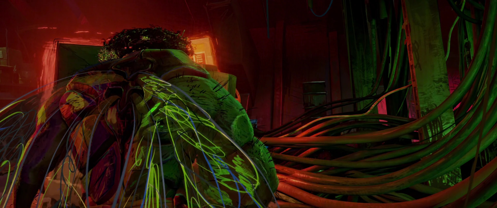 Close-up of a mutating mass of organic tendrils and insect wings filling the frame in red and green light.