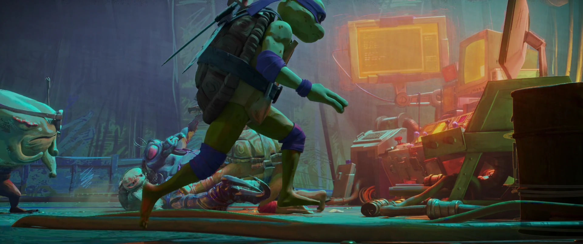 Leonardo lunges forward past a downed figure on the floor inside the neon-lit hideout.