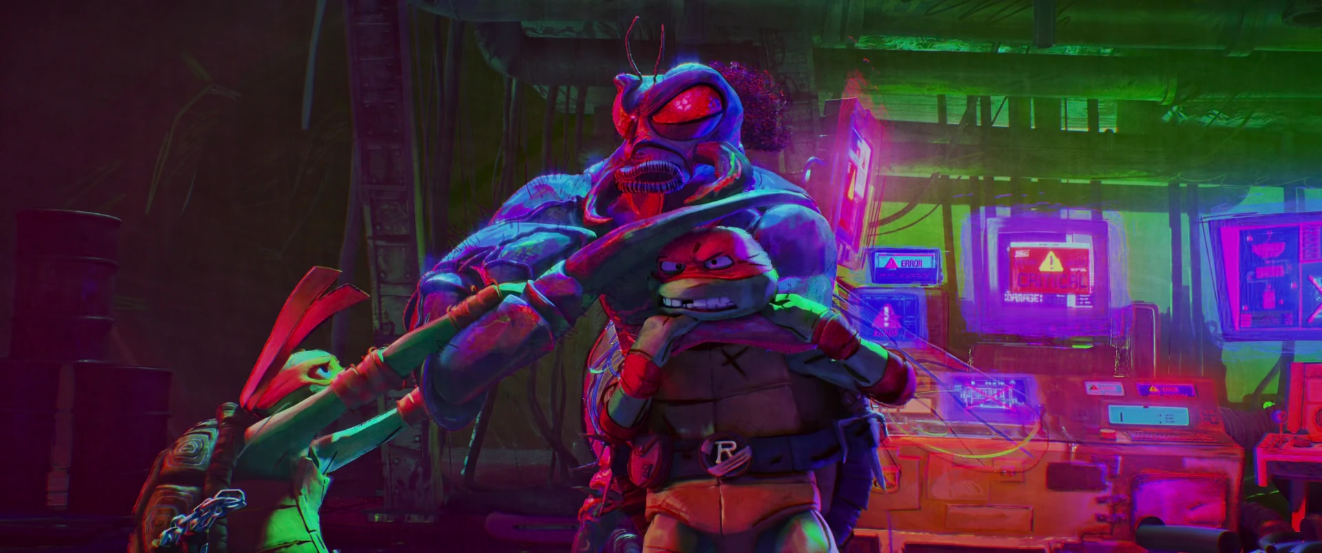 Superfly grabs Raphael from behind in a neon-drenched lab, red eyes blazing above the red-banded turtle.