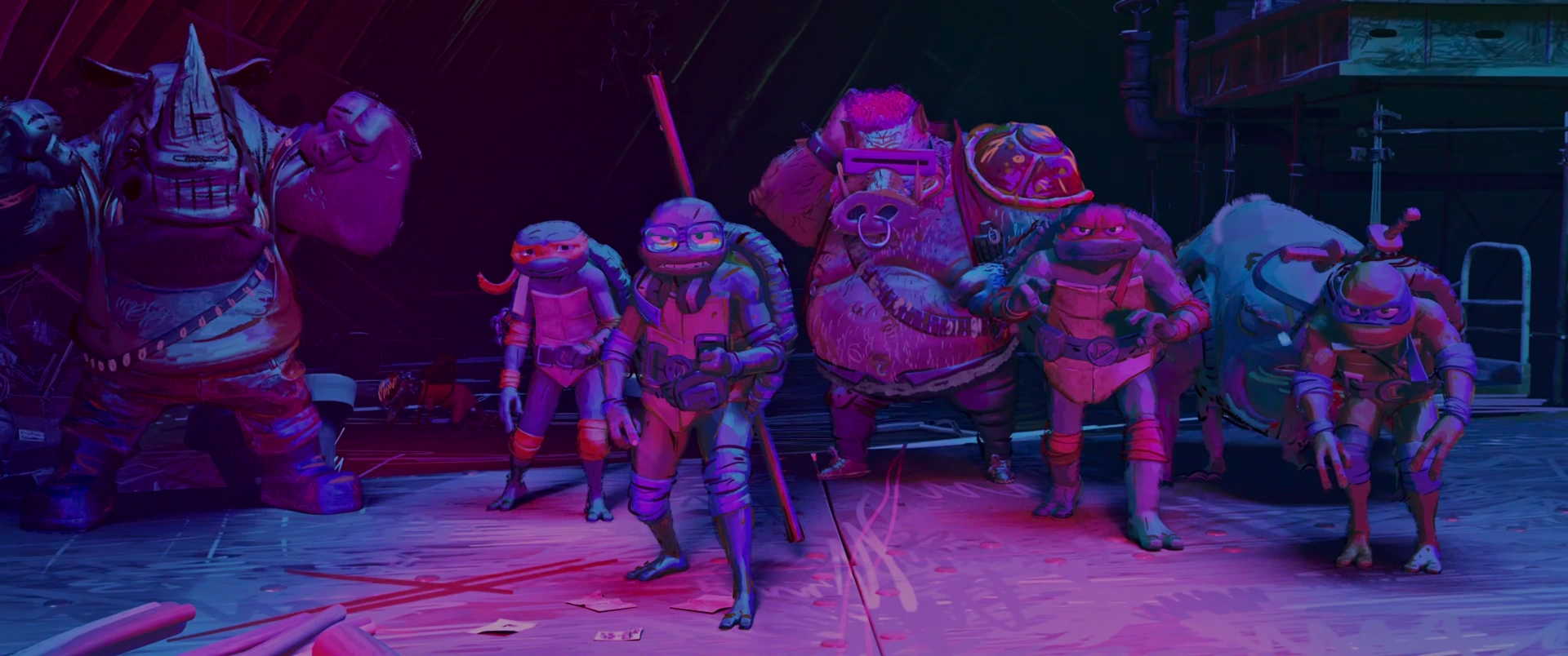 All four Turtles and Splinter stand shoulder to shoulder in a defiant united group in the neon hideout, weapons ready.