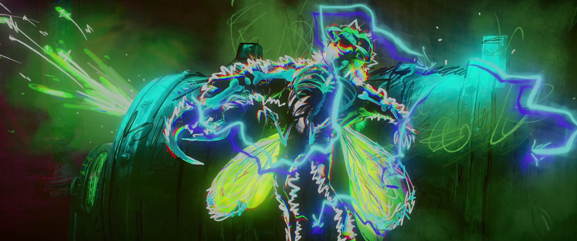 Superfly blazes with crackling teal and green mutagen energy as his kaiju transformation erupts in the hideout.