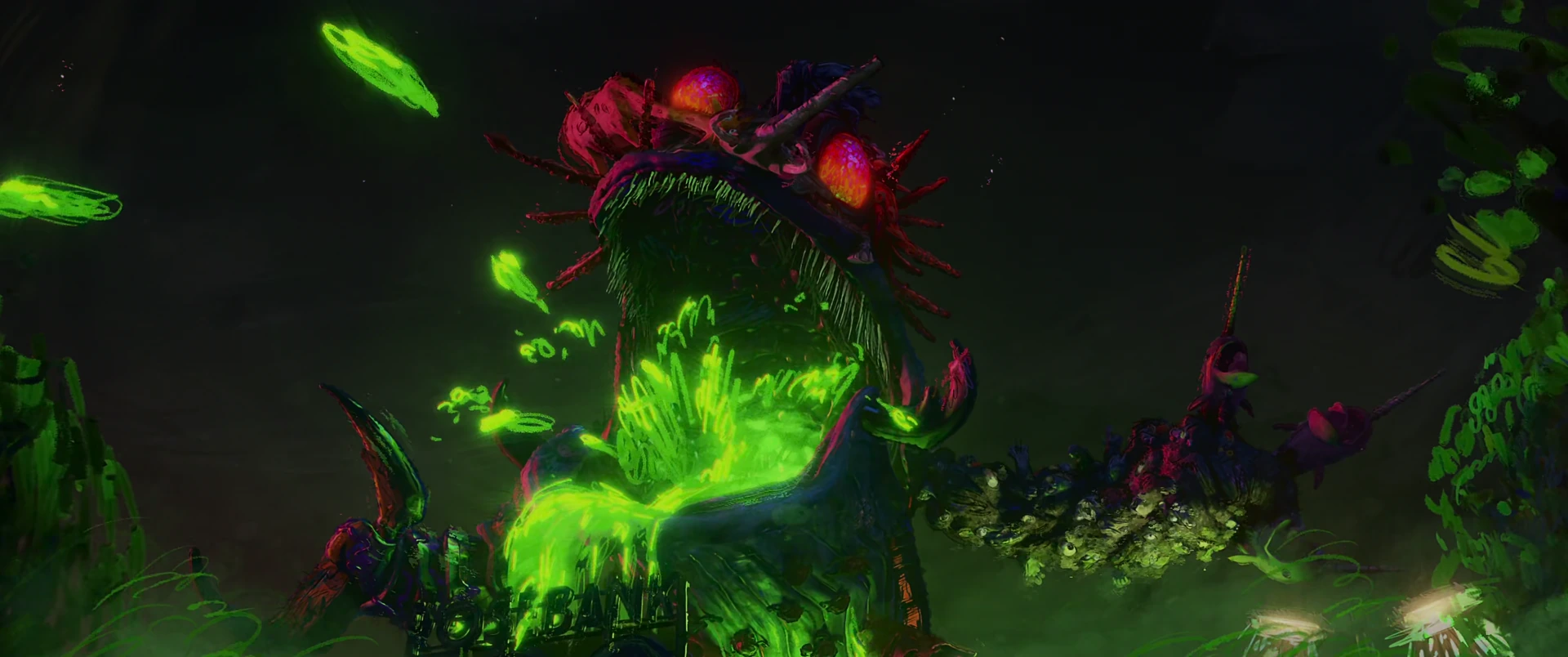 Superfly rears up as a kaiju in a blaze of green mutagen energy, massive jaws open and body bristling with fused animal parts.
