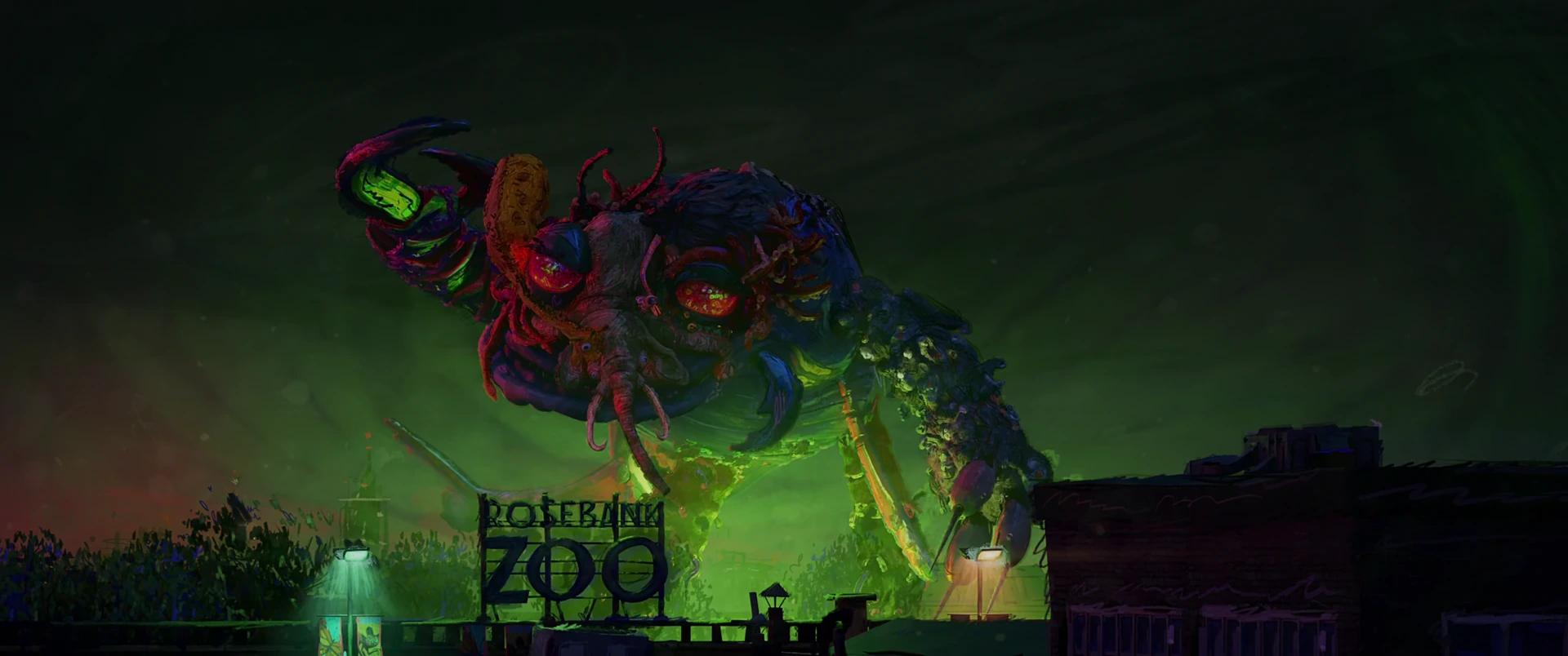 The Superfly kaiju looms over a zoo, its chaotic fused-animal body glowing green against a dark stormy sky.