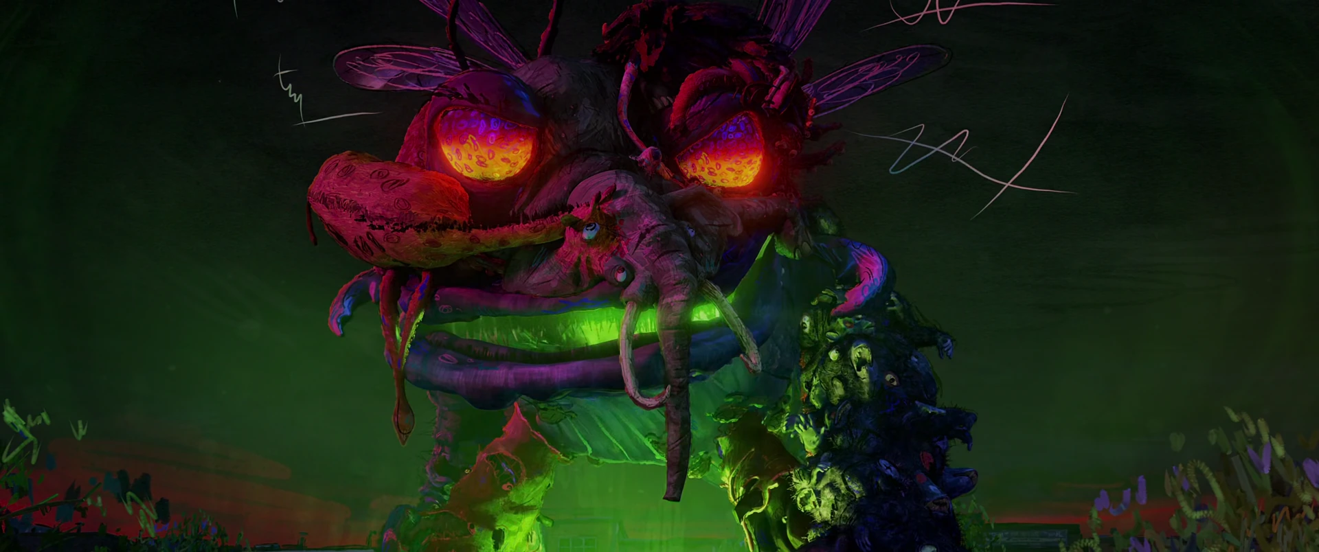 The Superfly kaiju’s face fills the frame, twin blazing red eyes and tentacle-like mouth parts in green haze.