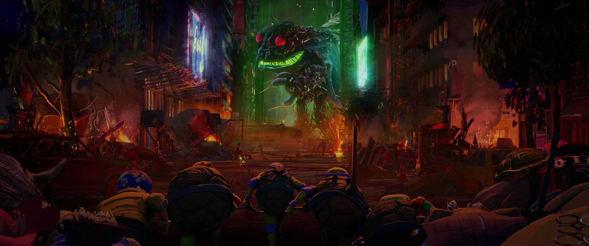 The colossal Superfly kaiju towers over burning buildings, red eyes blazing, as the Turtles and allies face him from below.