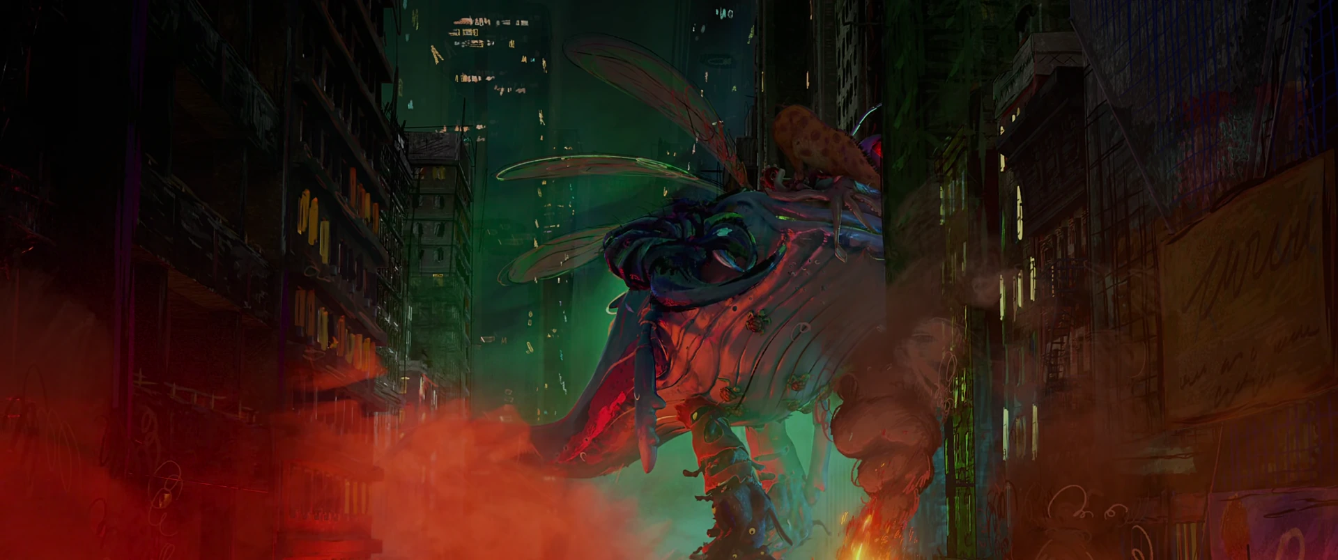 The Superfly kaiju strides through a burning city canyon between tall buildings under a red-orange smoky sky.