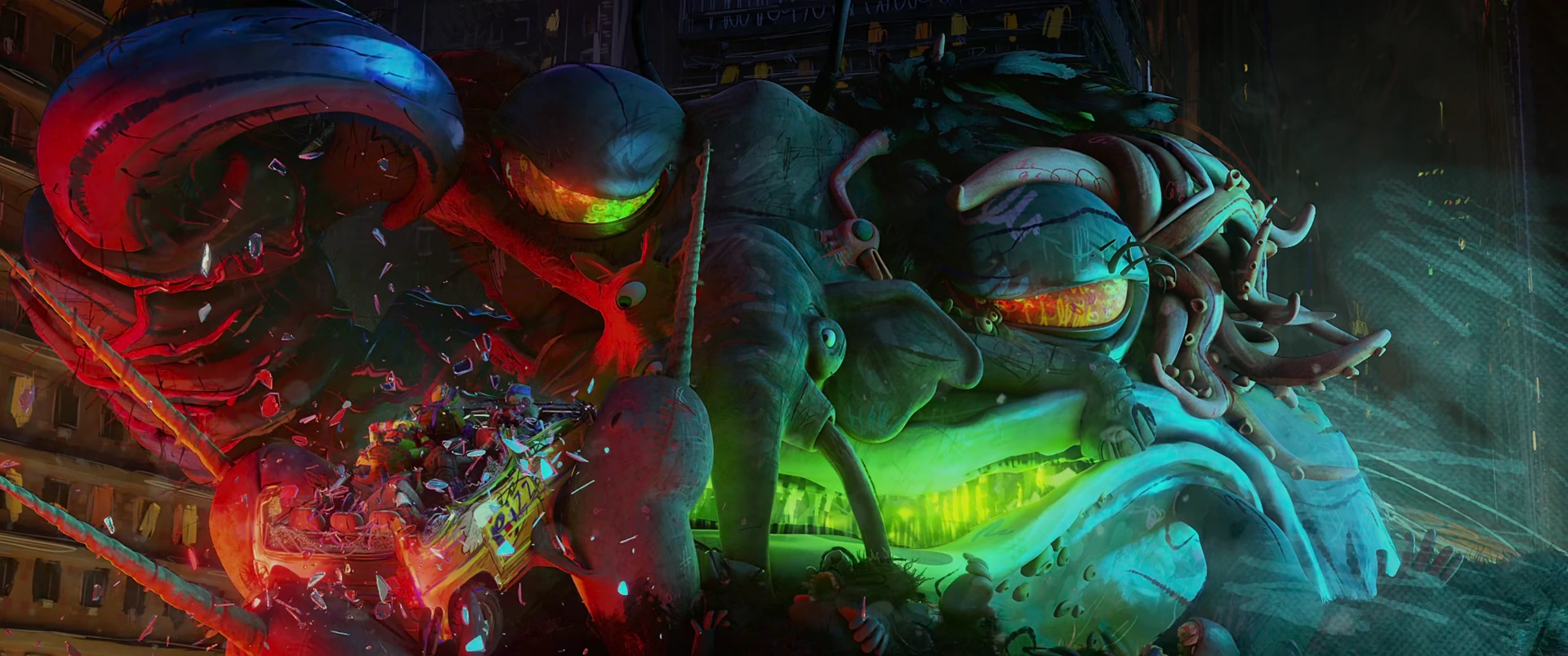 Two colossal kaiju heads clash in profile above the city skyline as red and teal energy crackles between them.