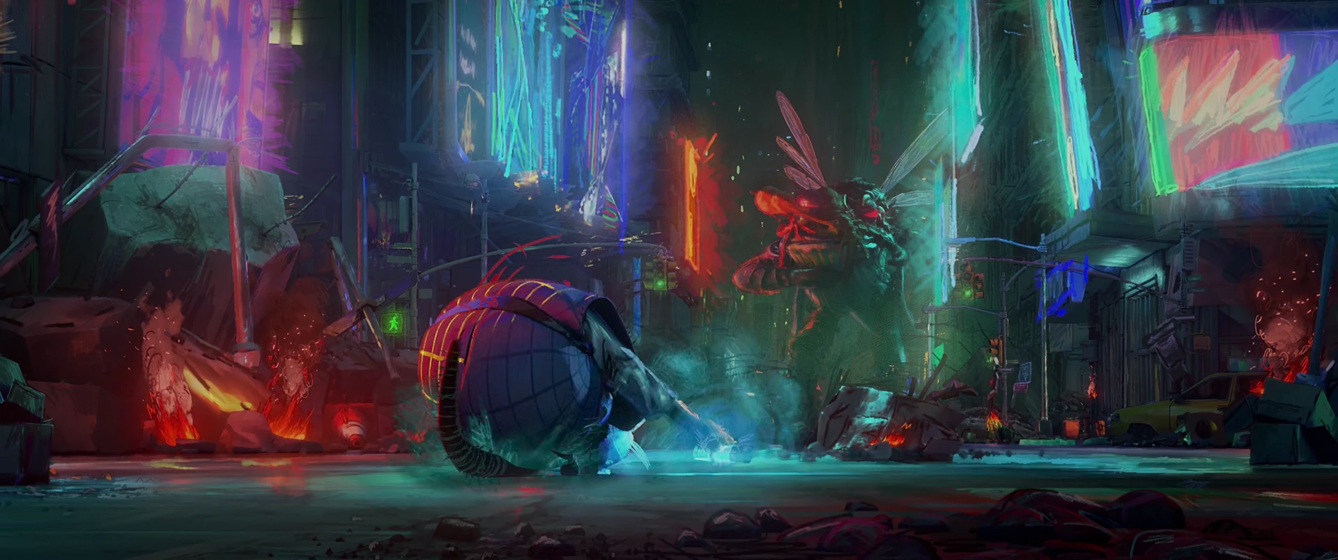 A lone Turtle crouches in the street utterly dwarfed by Superfly’s towering kaiju silhouette against neon city lights.