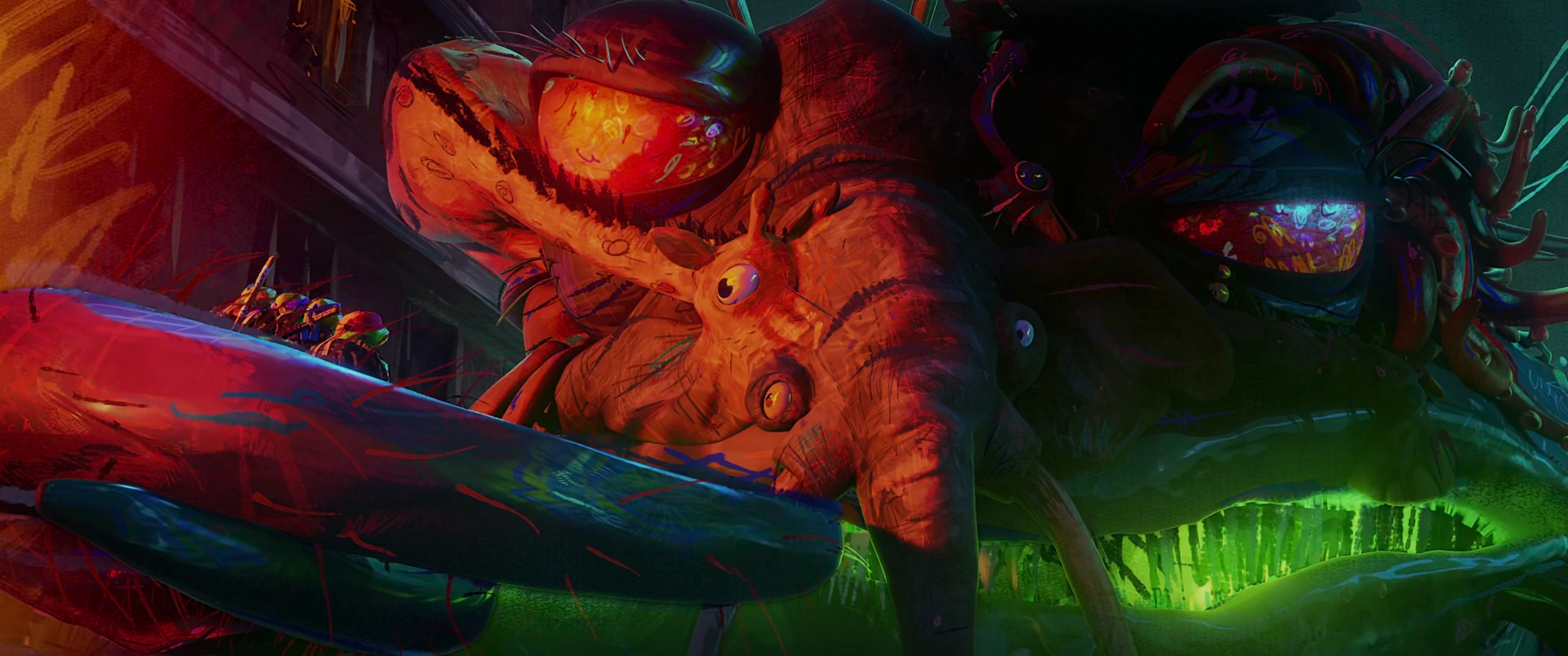 Superfly’s kaiju face fills the frame, glowing orange eyes and jagged green crystal growths dripping with menace.