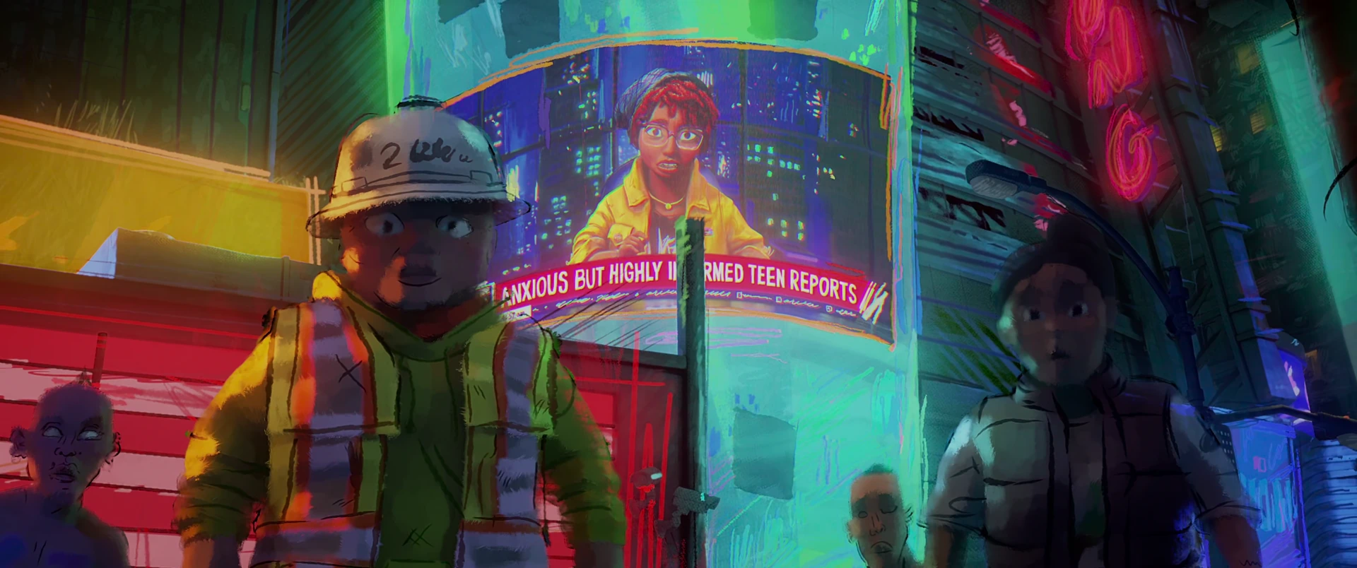A giant Times Square billboard shows April broadcasting live as the chyron reads ANXIOUS BUT HIGHLY INFORMED TEEN REPORTS.