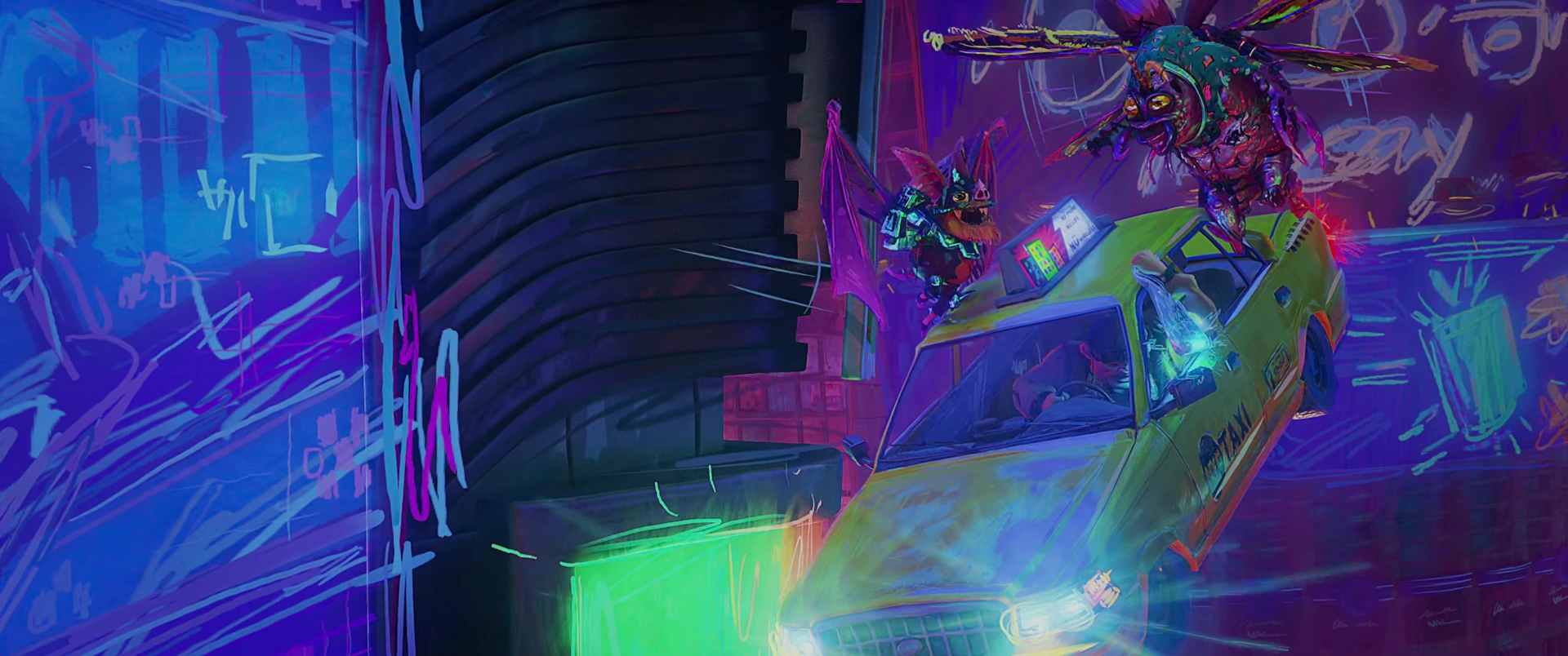 A Turtle launches off a vehicle toward the looming Superfly kaiju amid explosive neon debris in Times Square.