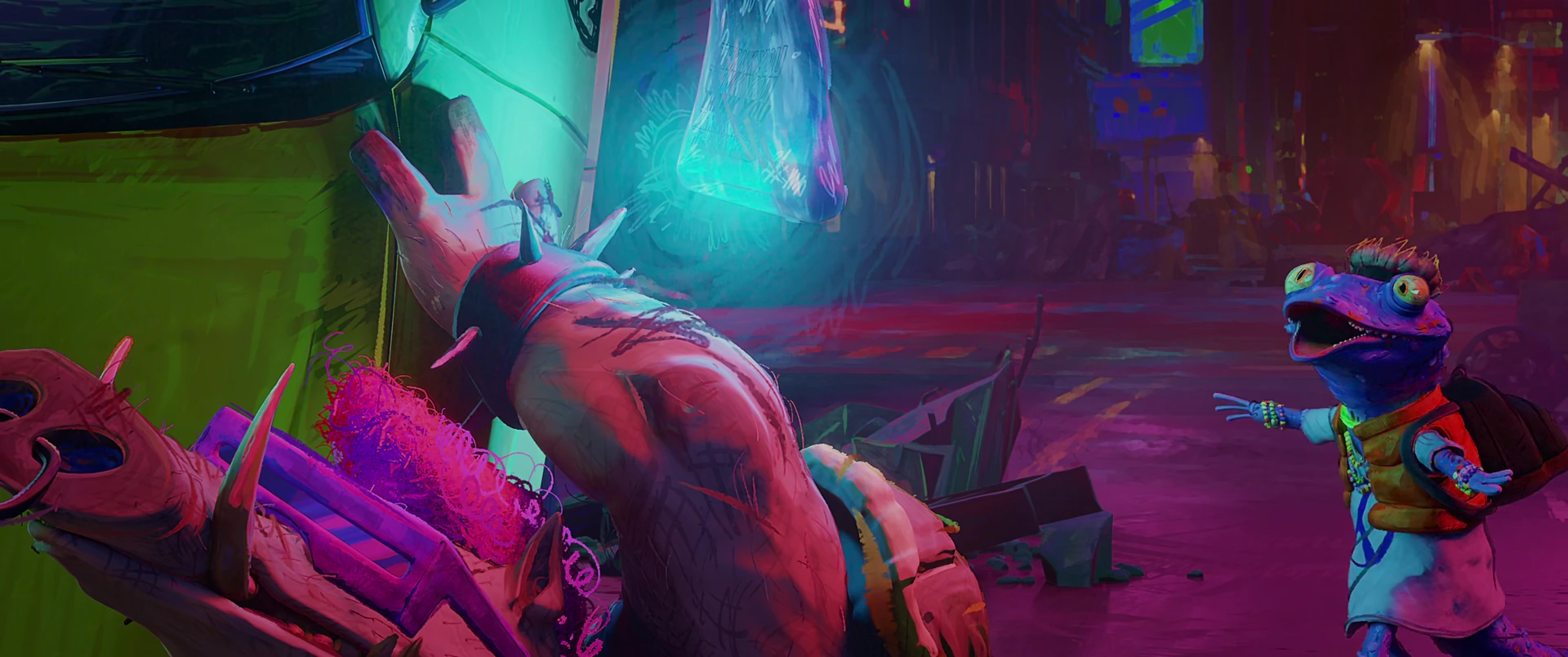 Injured Splinter lies in rubble as Donatello reaches toward him and the glowing canister in a tense Times Square moment.