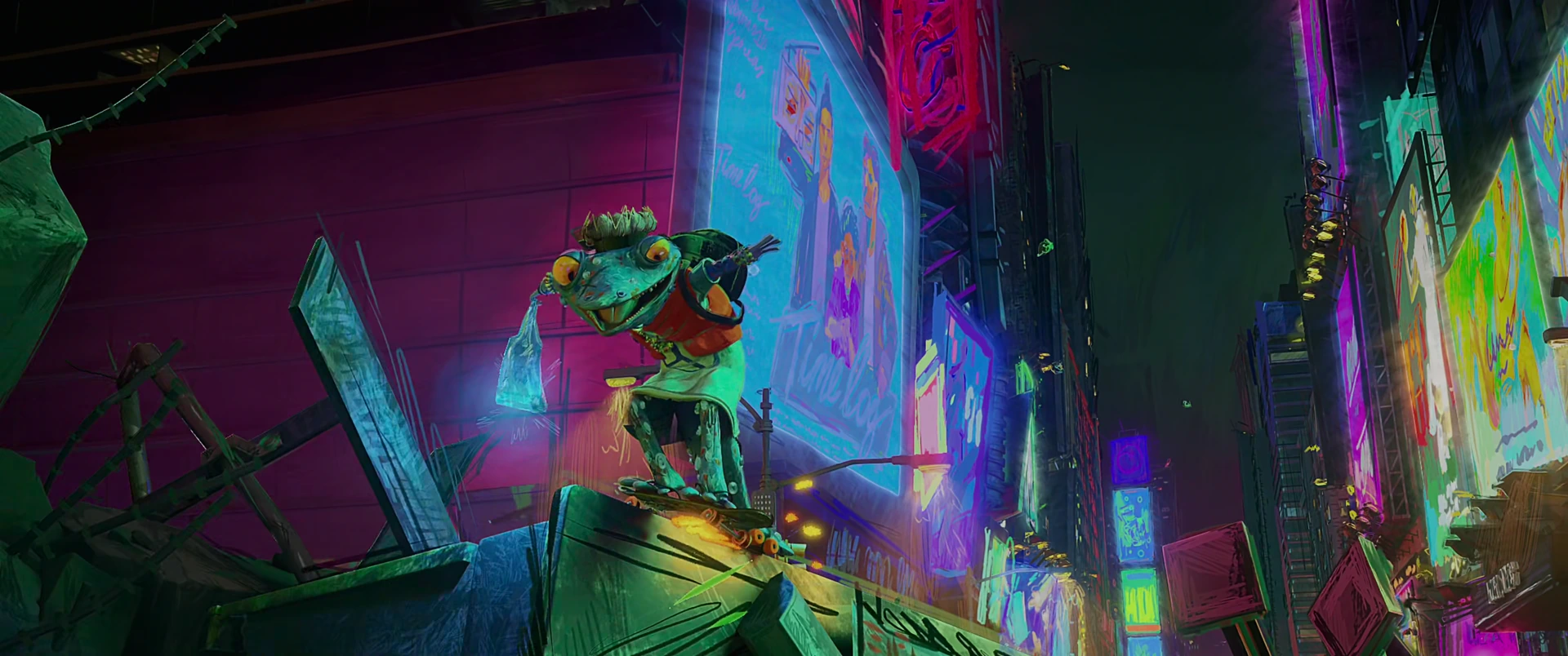 Raphael strikes a heroic wide stance atop a rubble pile against the blazing neon Times Square billboard skyline.