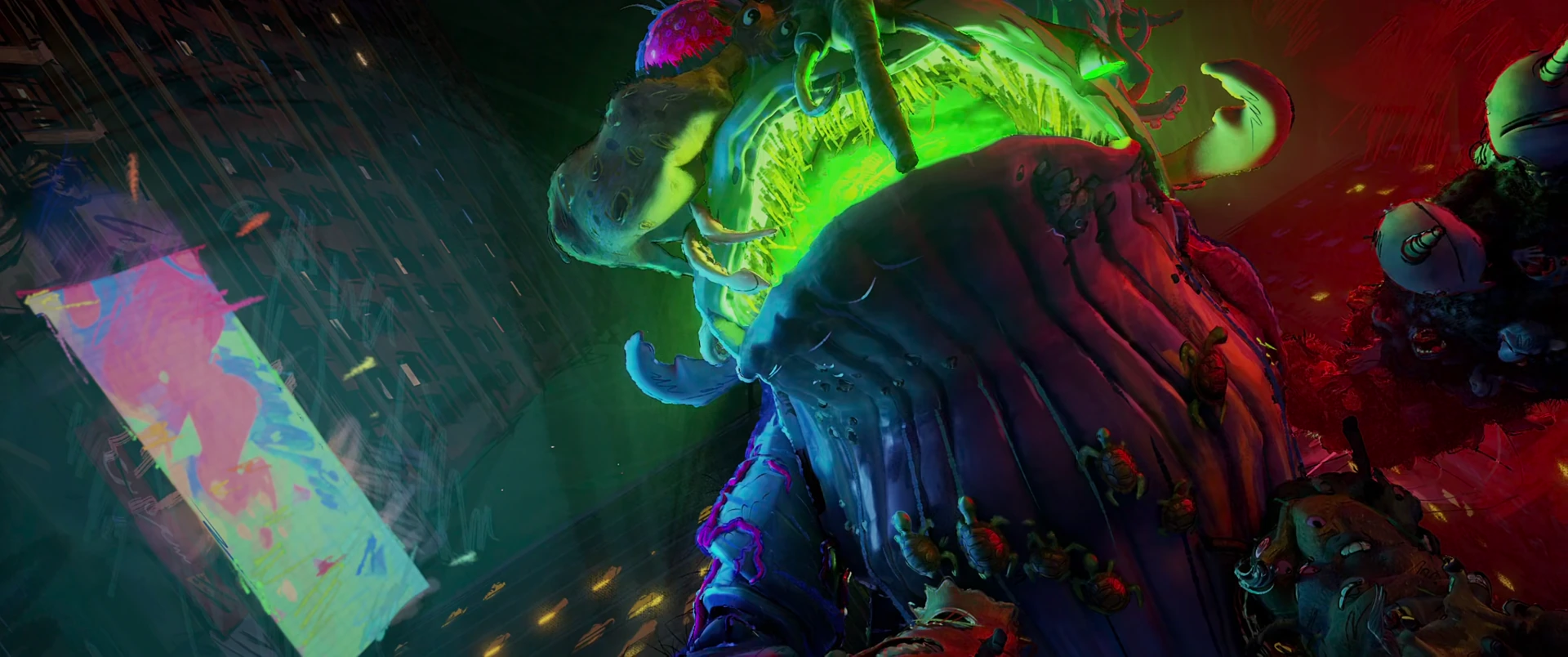 Extreme close-up of the Superfly kaiju’s open jaw bathed in green retro-mutagen light as the canister takes effect.