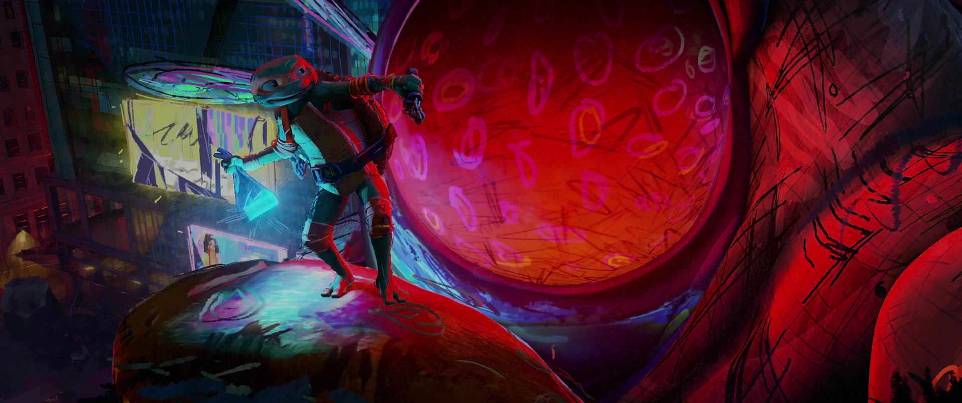 Raphael stands braced on the kaiju’s skin facing its massive glowing red eye in a tense close confrontation.