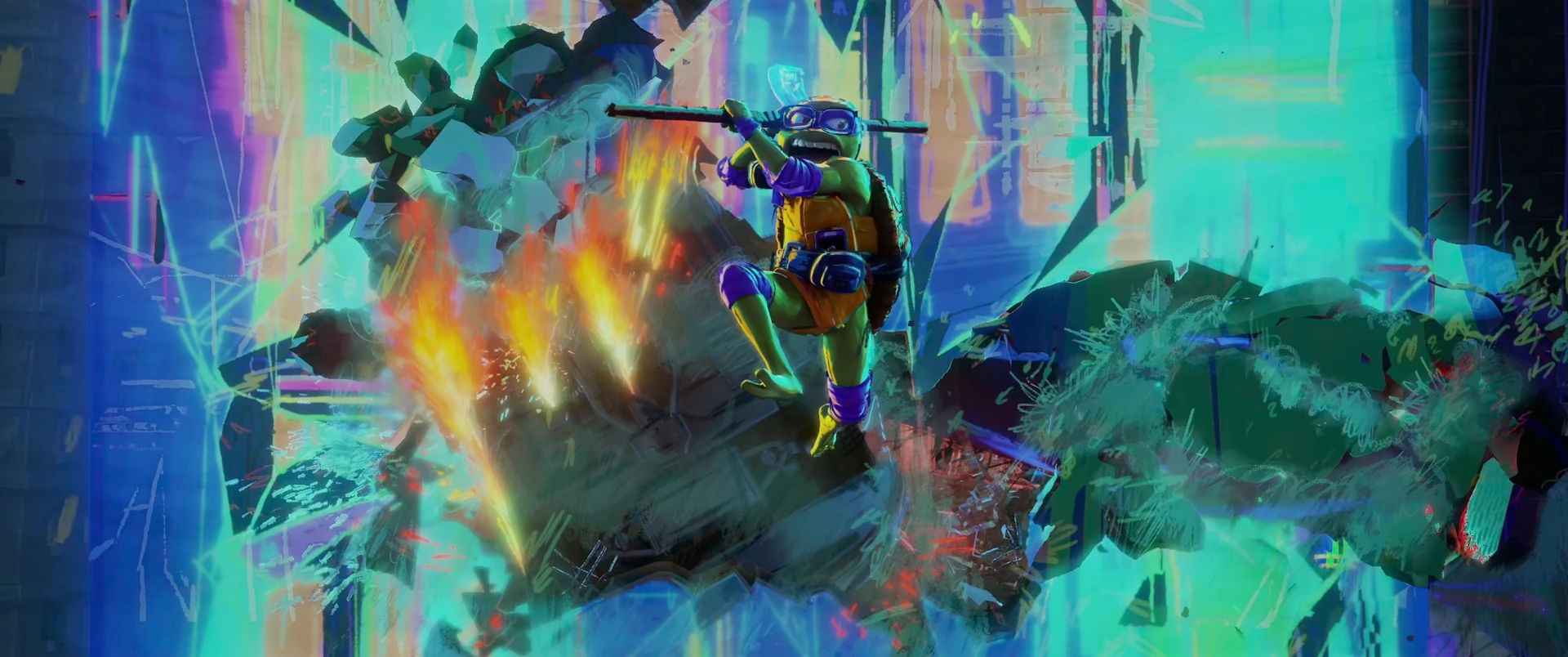 Donatello soars through neon-lit air with his bo staff extended as fire and teal energy explode around him.