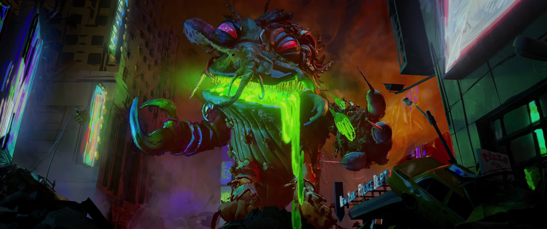 The Superfly kaiju convulses and crashes forward into Times Square trailing green ooze as the retro-mutagen defeats it.