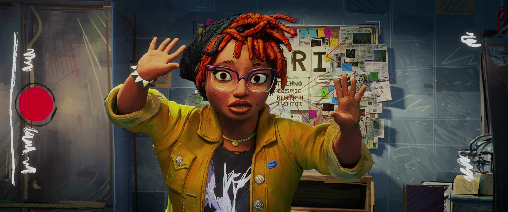 April in a yellow jacket spreads her hands wide before a wall of pinned notes and clippings, eyes wide with urgency.