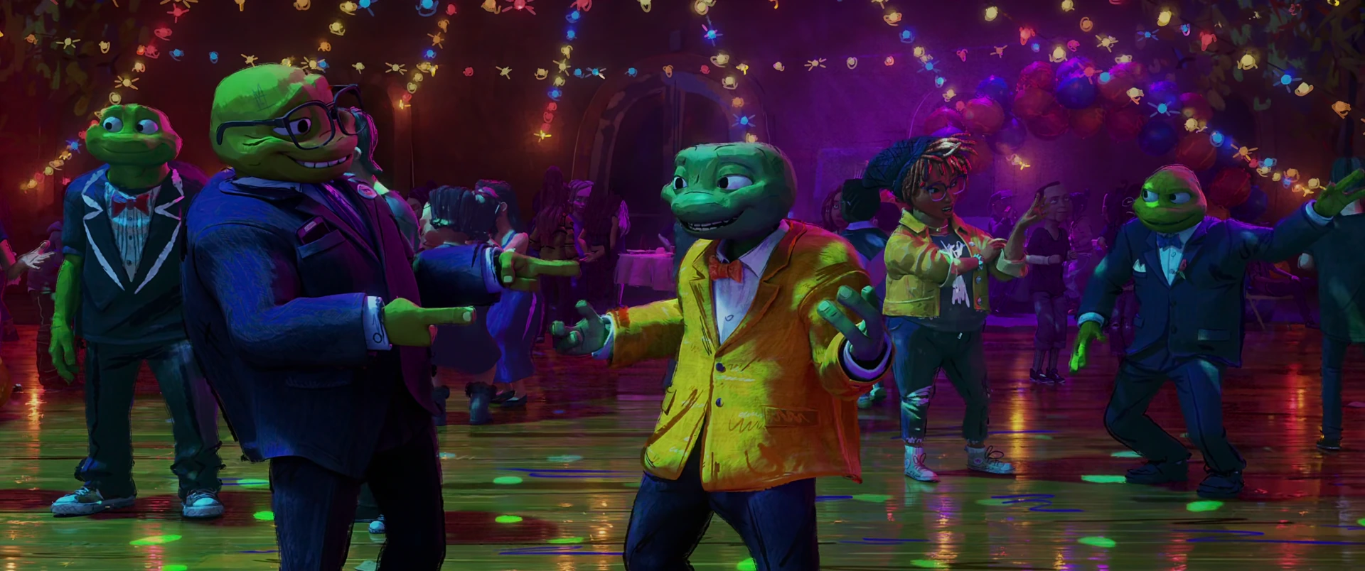 All four Turtles in formal suits dance under warm string lights on a purple-lit prom floor among other partygoers.